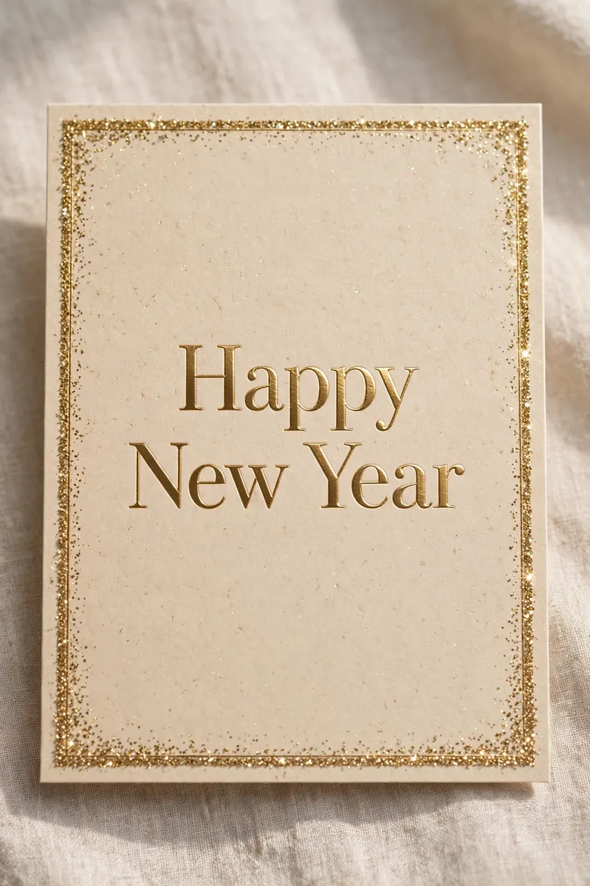Elegant champagne card with gold foil 'Happy New Year' lettering and glitter border resting on linen fabric