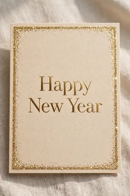 Elegant champagne card with gold foil 'Happy New Year' lettering and glitter border resting on linen fabric