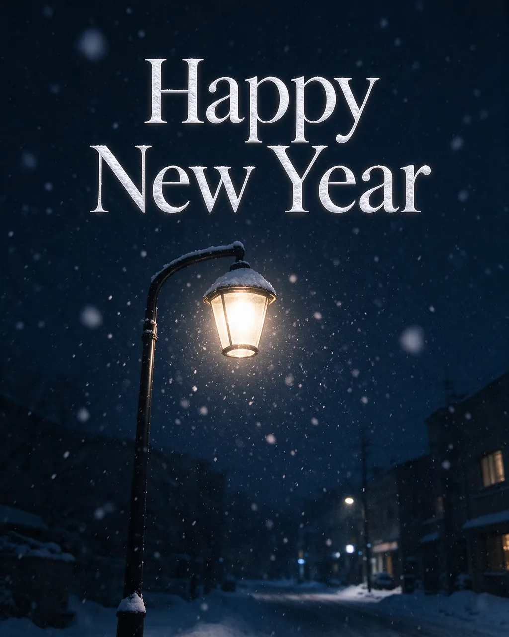 "Happy New Year" white serif text over a glowing snowy street lamp on a dark winter night with falling snow