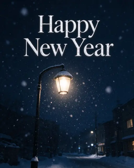 "Happy New Year" white serif text over a glowing snowy street lamp on a dark winter night with falling snow