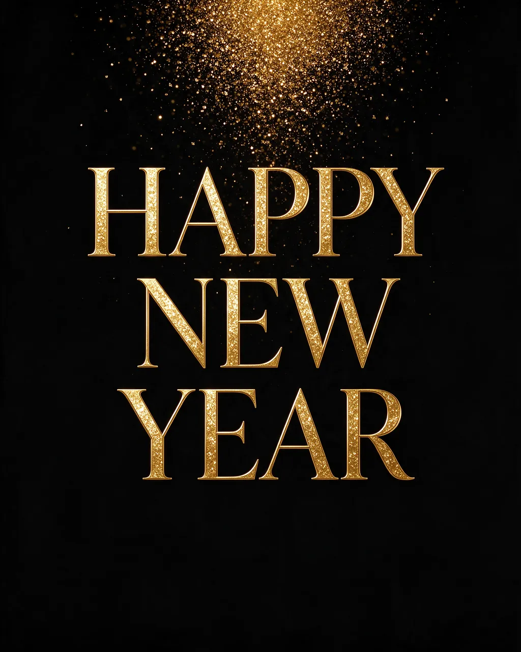 Falling gold glitter sits above centered glittering gold serif capitals that read "Happy New Year" on a solid black