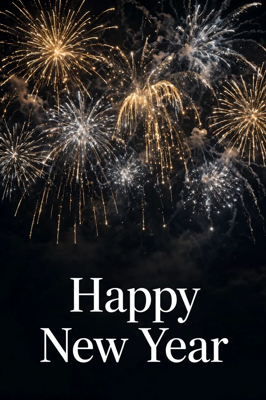 Gold and silver fireworks burst in a dark night sky above centered white serif text that reads "Happy New Year"