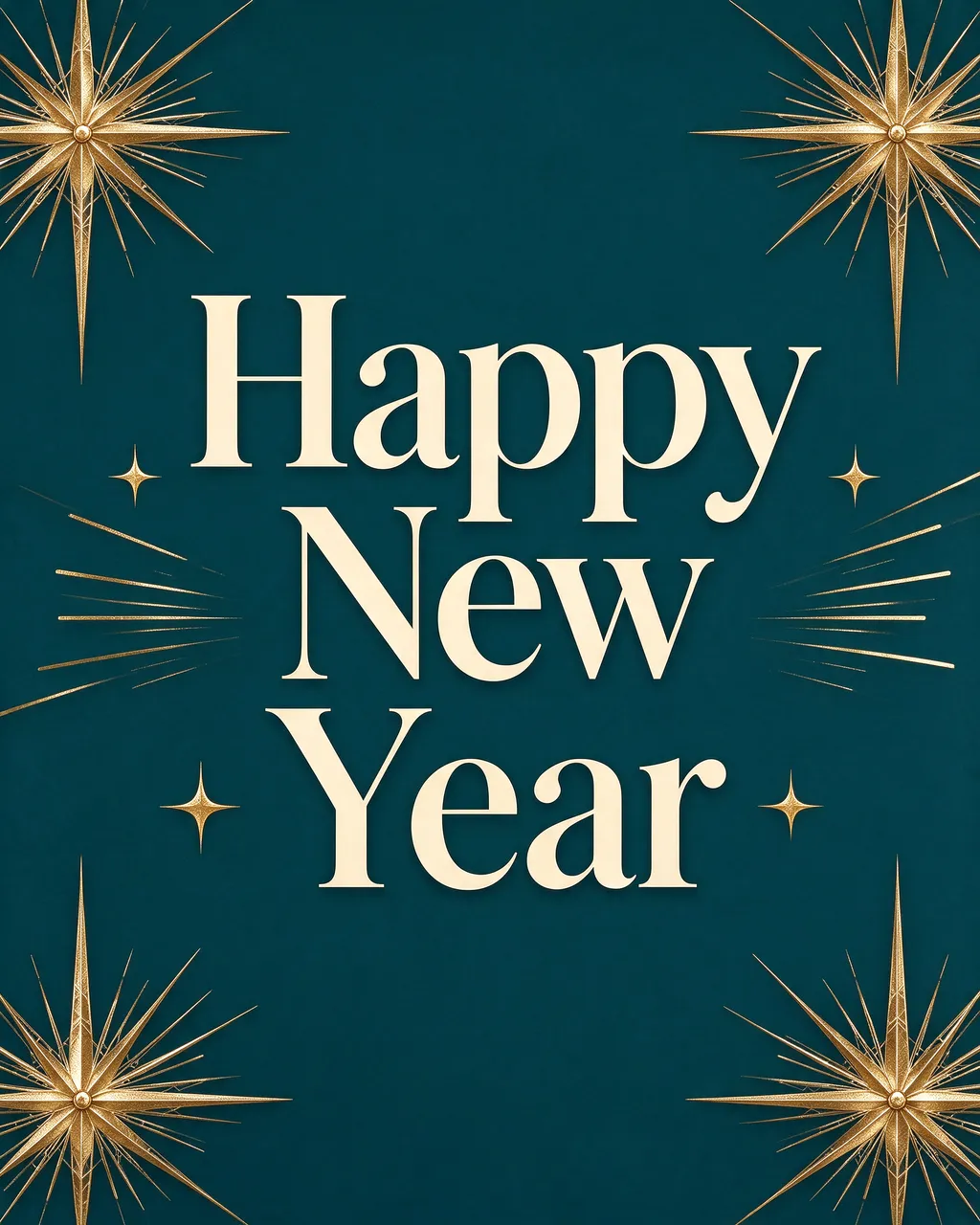 Centered cream "Happy New Year" text framed by gold starbursts on a deep teal background