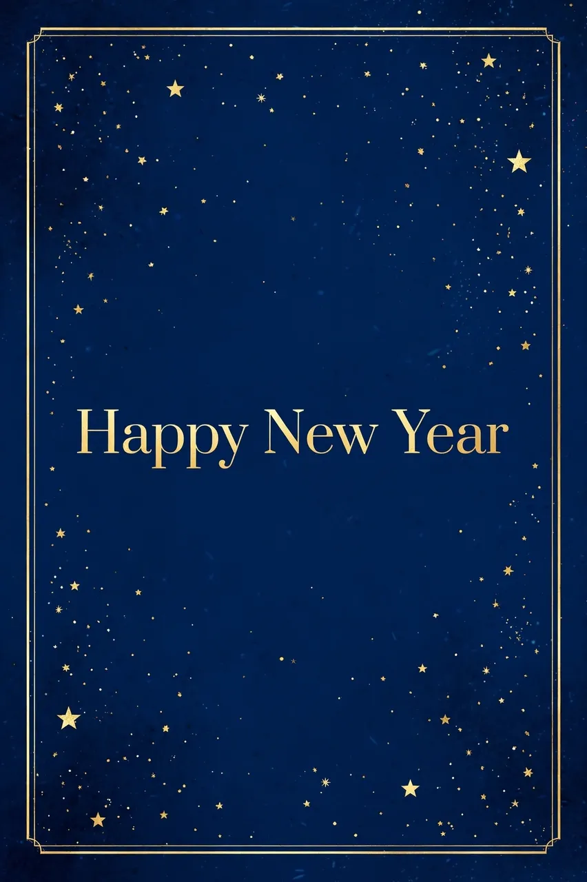 "Happy New Year" written in elegant gold serif type on a deep blue background framed with gold stars and a thin gold border.