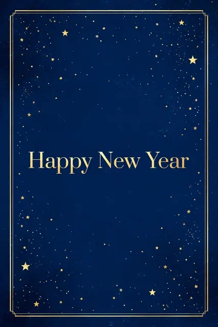 "Happy New Year" written in elegant gold serif type on a deep blue background framed with gold stars and a thin gold border.