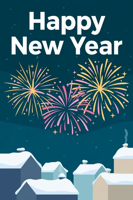 Bold white "Happy New Year" text sits above bursting fireworks over snow-covered rooftops against a dark teal night sky