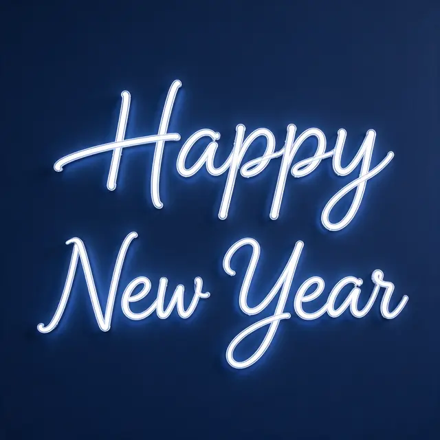 Glowing white neon script sign reading "Happy New Year" mounted on a dark navy wall