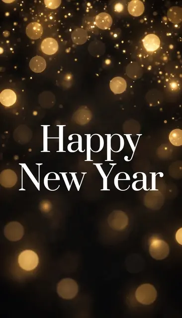 "Happy New Year" in elegant white serif type over soft golden bokeh lights on a dark background