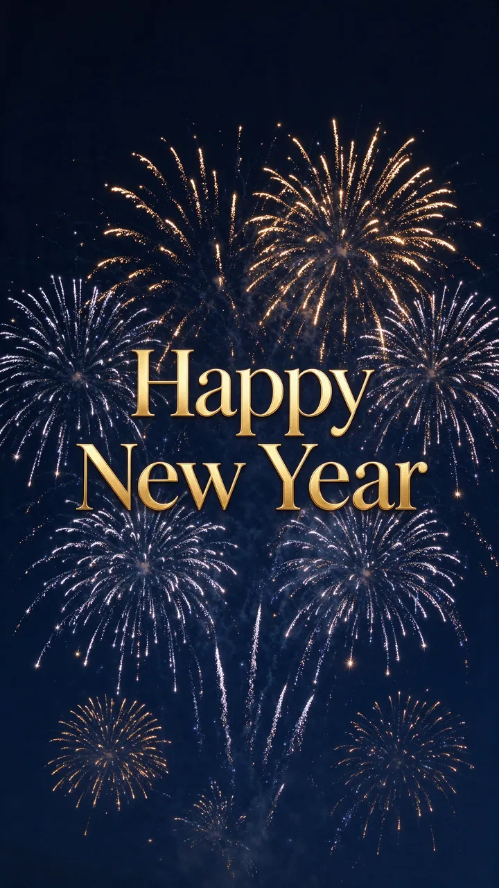 Gold "Happy New Year" serif text centered over sparkling gold and silver fireworks against a dark navy night sky