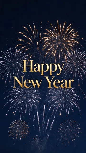 Gold "Happy New Year" serif text centered over sparkling gold and silver fireworks against a dark navy night sky
