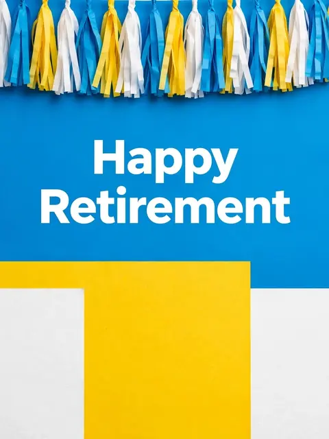 Color block design with tassel streamers at the top and bold text reading "Happy Retirement"