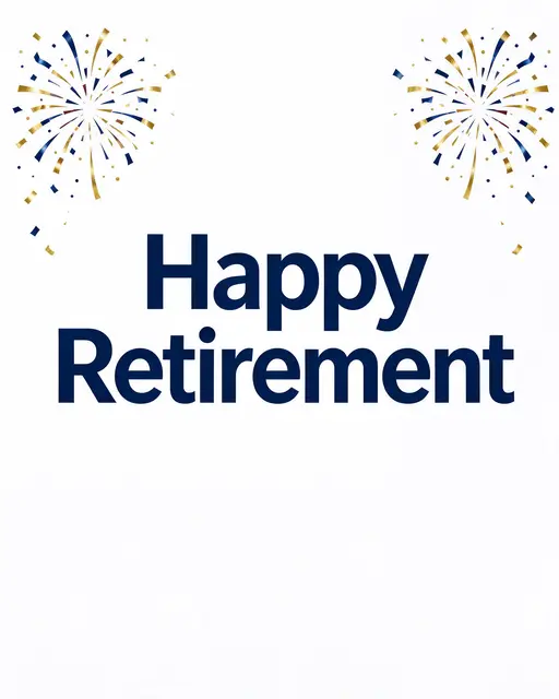 Centered bold navy "Happy Retirement" text with navy and gold confetti bursts in the top corners on a clean white background