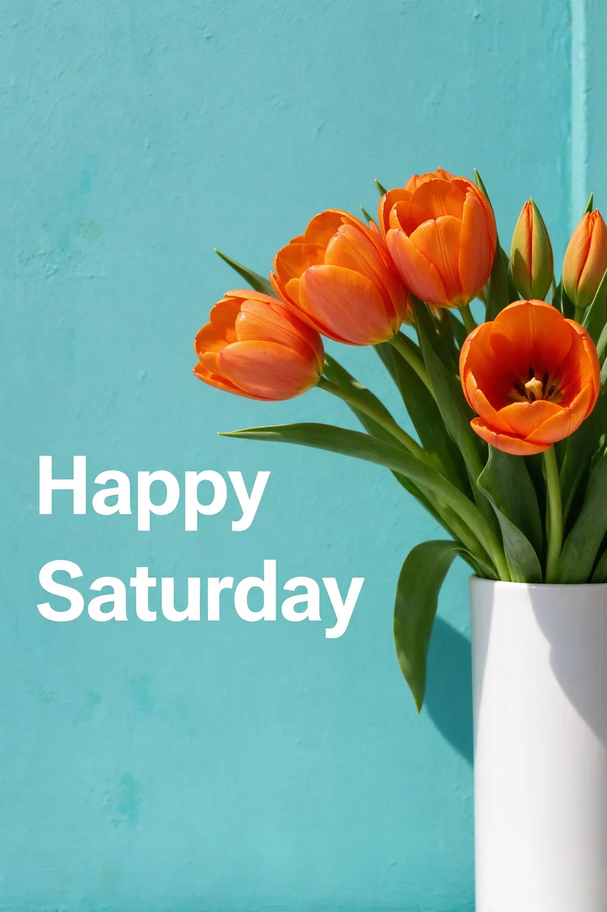 "Happy Saturday" white text next to orange tulips in a white vase against a bright teal wall