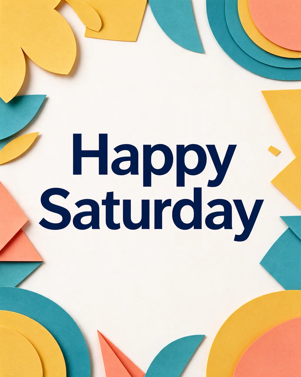 "Happy Saturday" in bold navy sans-serif text centered on an off-white background framed by mustard, teal, and coral