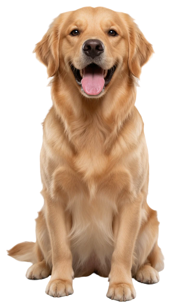 A fluffy golden retriever sits upright, looking at the camera with an open mouth and tongue out.