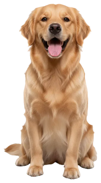 A fluffy golden retriever sits upright, looking at the camera with an open mouth and tongue out.