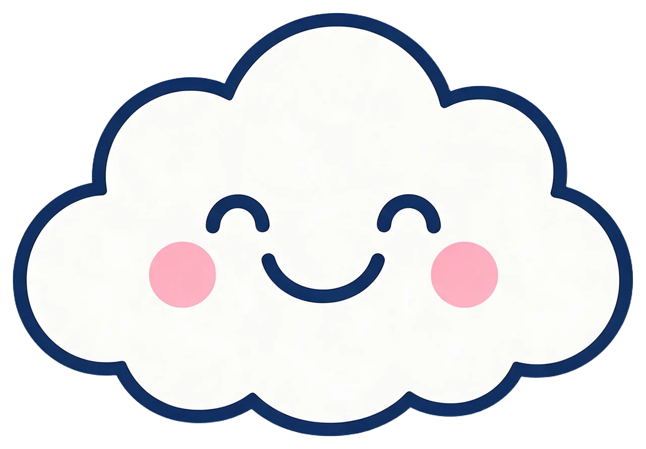 Fluffy white cartoon cloud with a happy smiling face, closed eyes, pink cheeks and thick navy outline