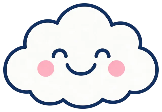 Fluffy white cartoon cloud with a happy smiling face, closed eyes, pink cheeks and thick navy outline