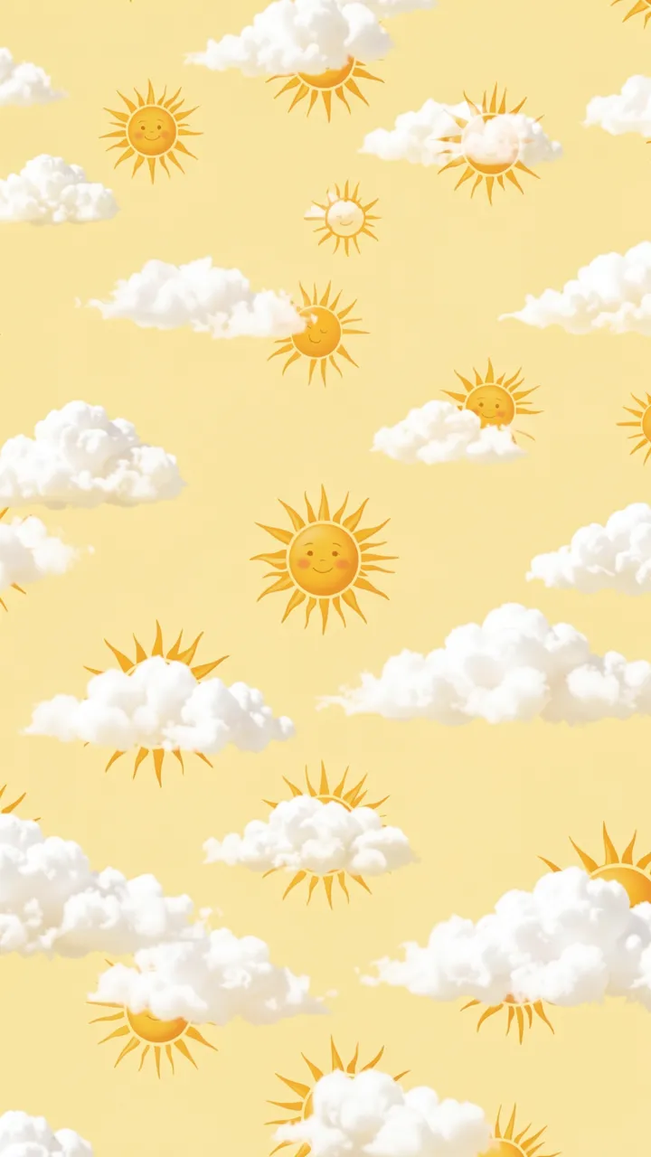 Seamless vertical butter yellow pattern with smiling cartoon suns and fluffy white clouds.