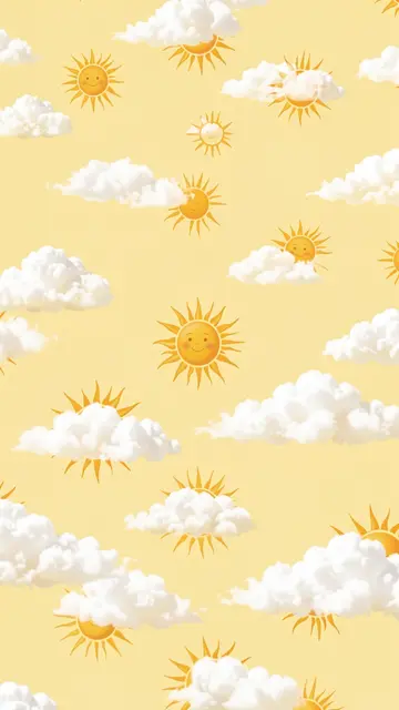 Seamless vertical butter yellow pattern with smiling cartoon suns and fluffy white clouds.