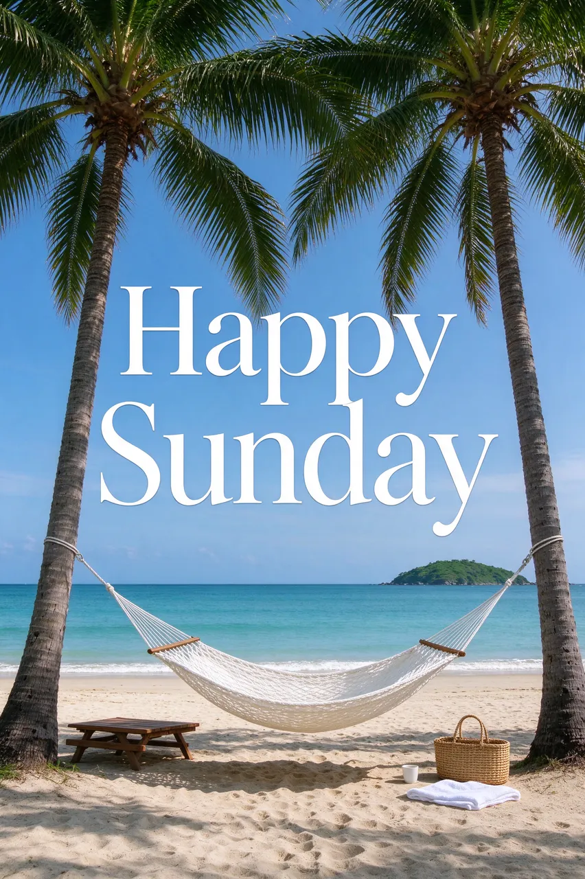 "Happy Sunday" white serif text over a hammock strung between palm trees on a bright sunny beach