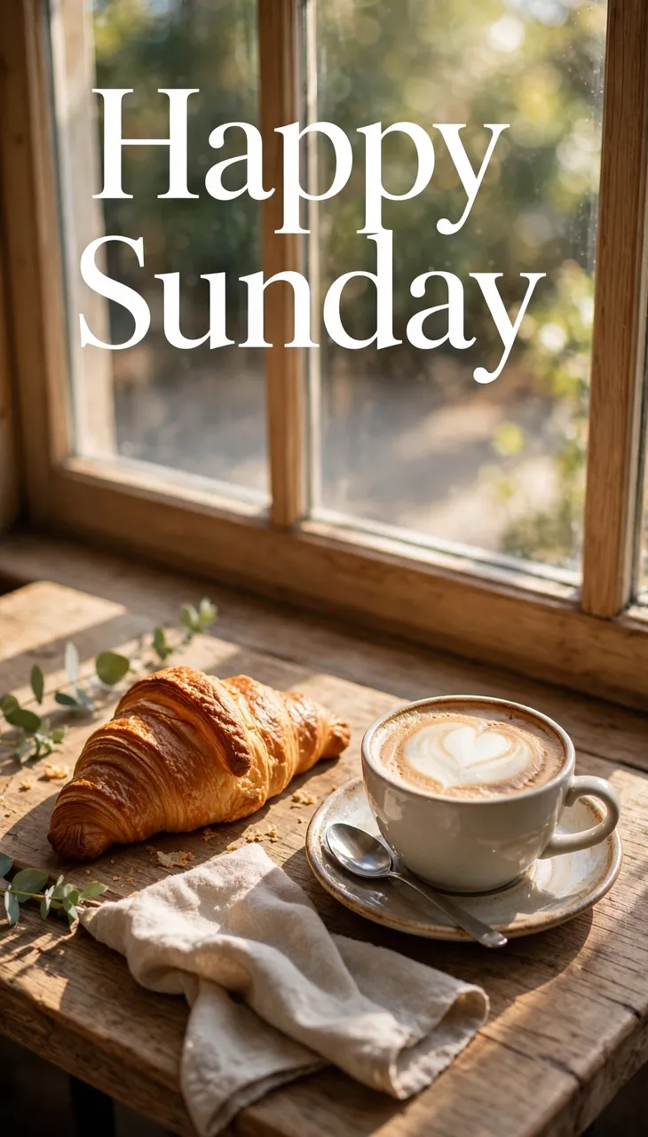"Happy Sunday" text over a sunlit cafe table with a croissant and cappuccino by a wooden window.