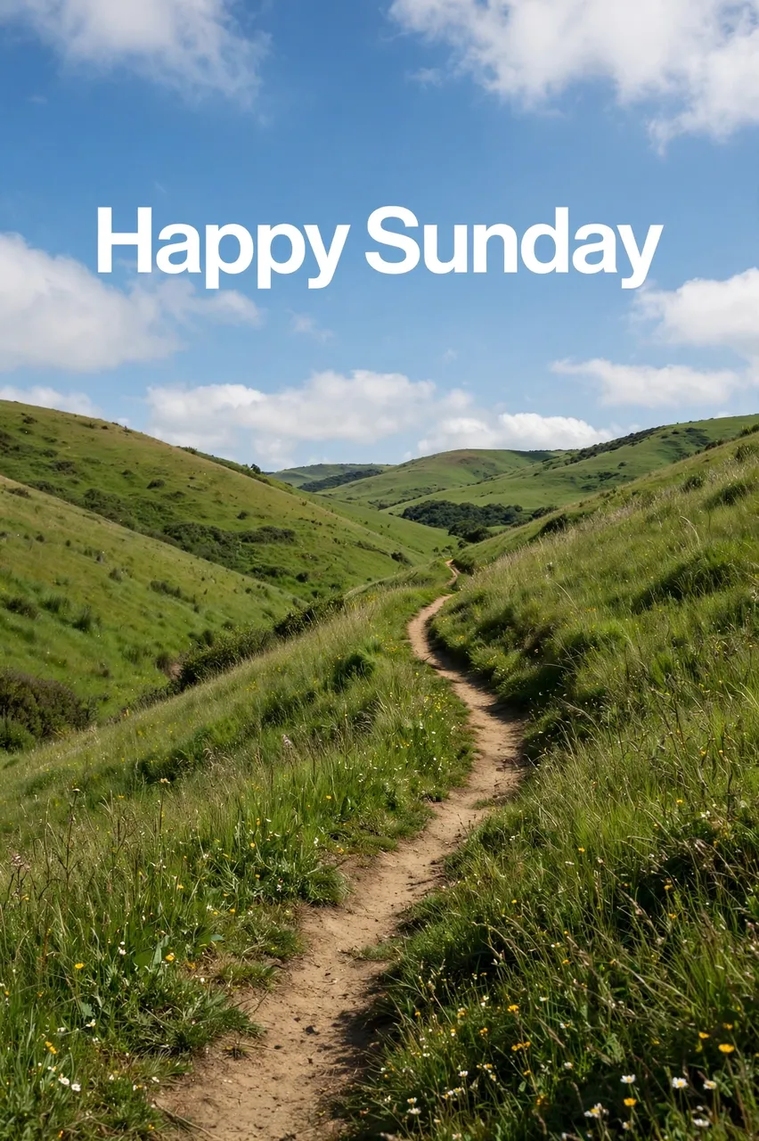 "Happy Sunday" bold white sans-serif text over a sunny dirt hiking trail winding through green rolling hills under a bright