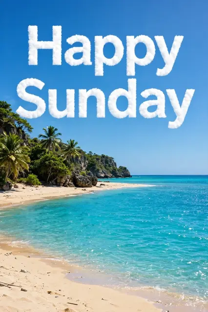 "Happy Sunday" text formed from fluffy cloud shapes sits over a sunny turquoise tropical beach scene
