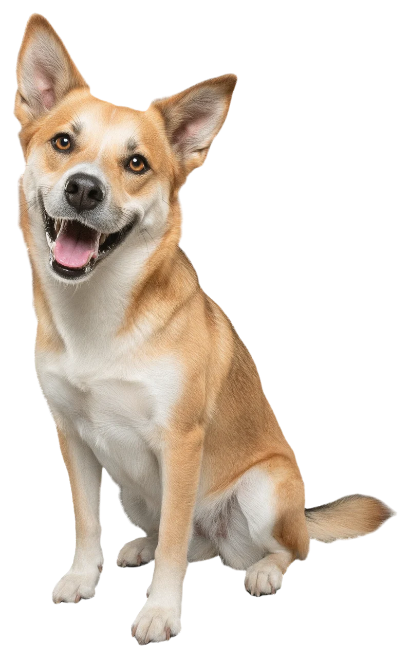 A friendly sitting tan and white mixed breed dog looks at the camera with a tilted head and open panting mouth.