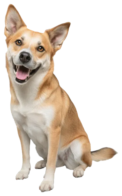 A friendly sitting tan and white mixed breed dog looks at the camera with a tilted head and open panting mouth.