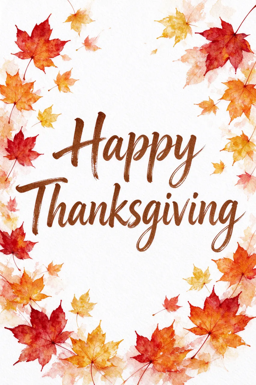 Watercolor falling red, orange and gold maple leaves frame hand lettering that reads "Happy Thanksgiving" on white textured