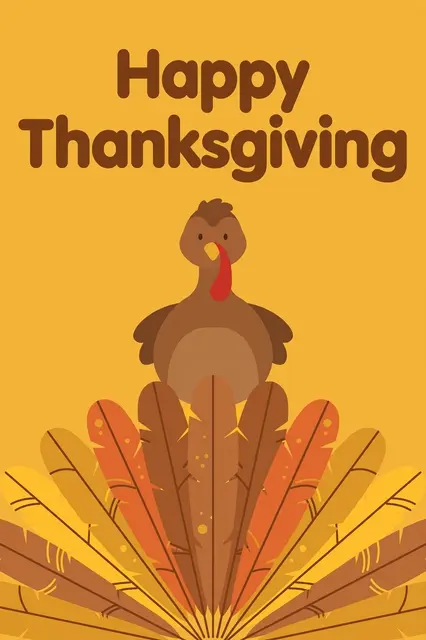 Flat vector illustration of a turkey with fanned tail feathers on a mustard background with bold "Happy Thanksgiving" text