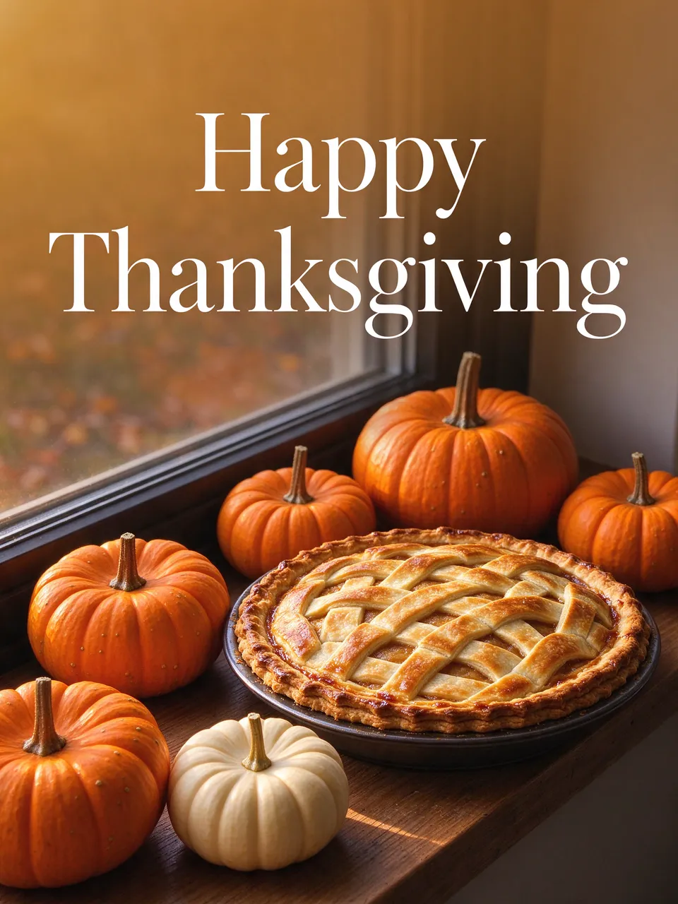A lattice pie and small pumpkins sit on a windowsill in golden light, with clear text reading "Happy Thanksgiving" above.