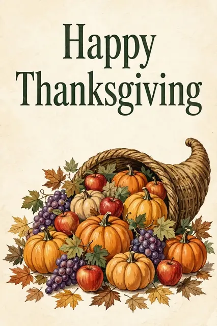 Gouache illustration of a cornucopia overflowing with fall produce above the text "Happy Thanksgiving" on a cream background