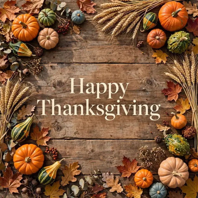 Overhead view of a rustic wooden table bordered with fall decor, with clear cream text reading "Happy Thanksgiving" at the