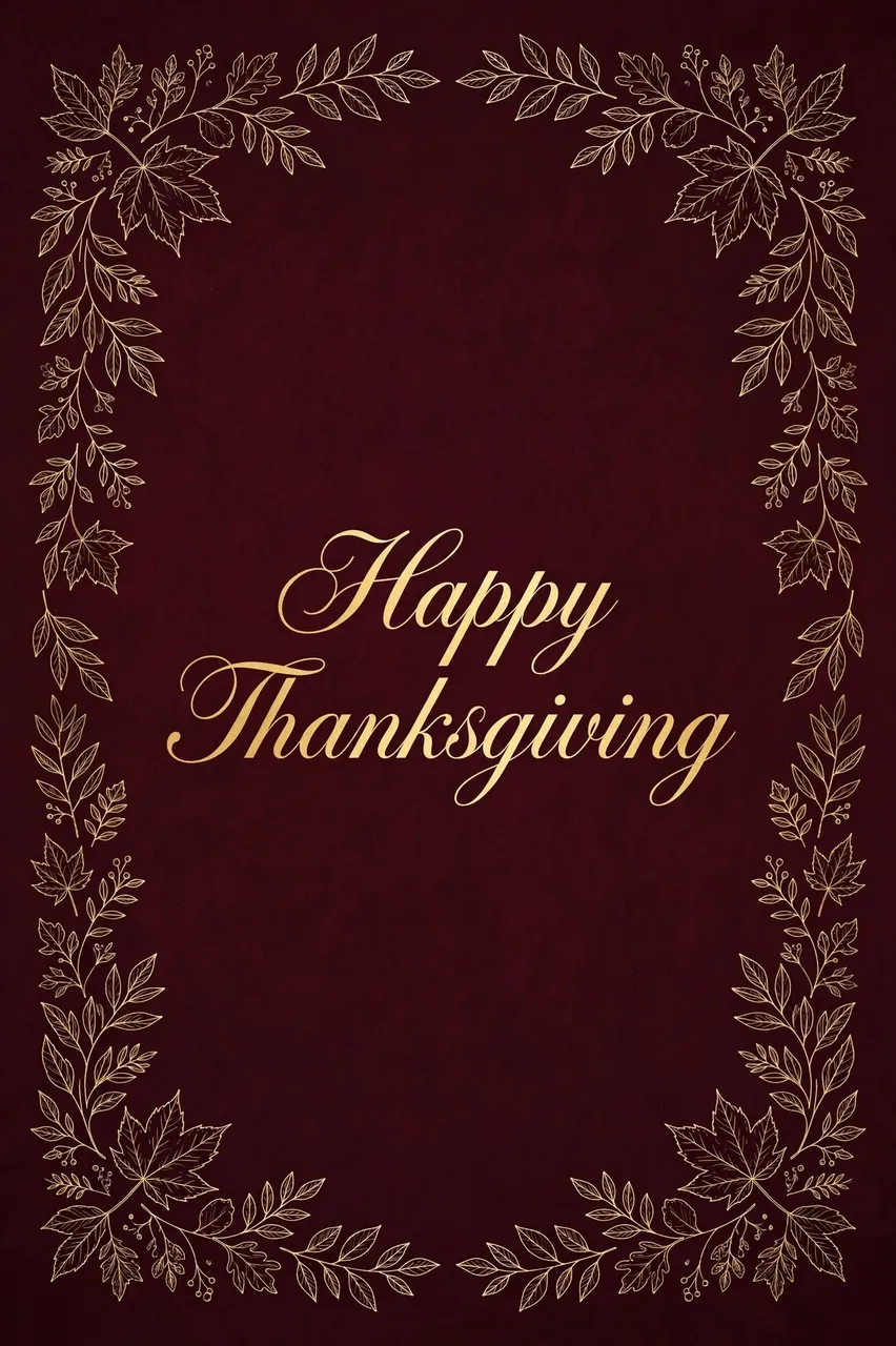 "Happy Thanksgiving" in elegant gold script centered on a deep burgundy background framed by gold line art leaves