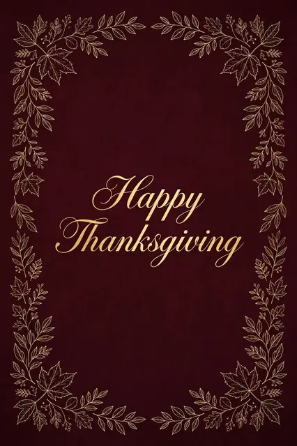 "Happy Thanksgiving" in elegant gold script centered on a deep burgundy background framed by gold line art leaves