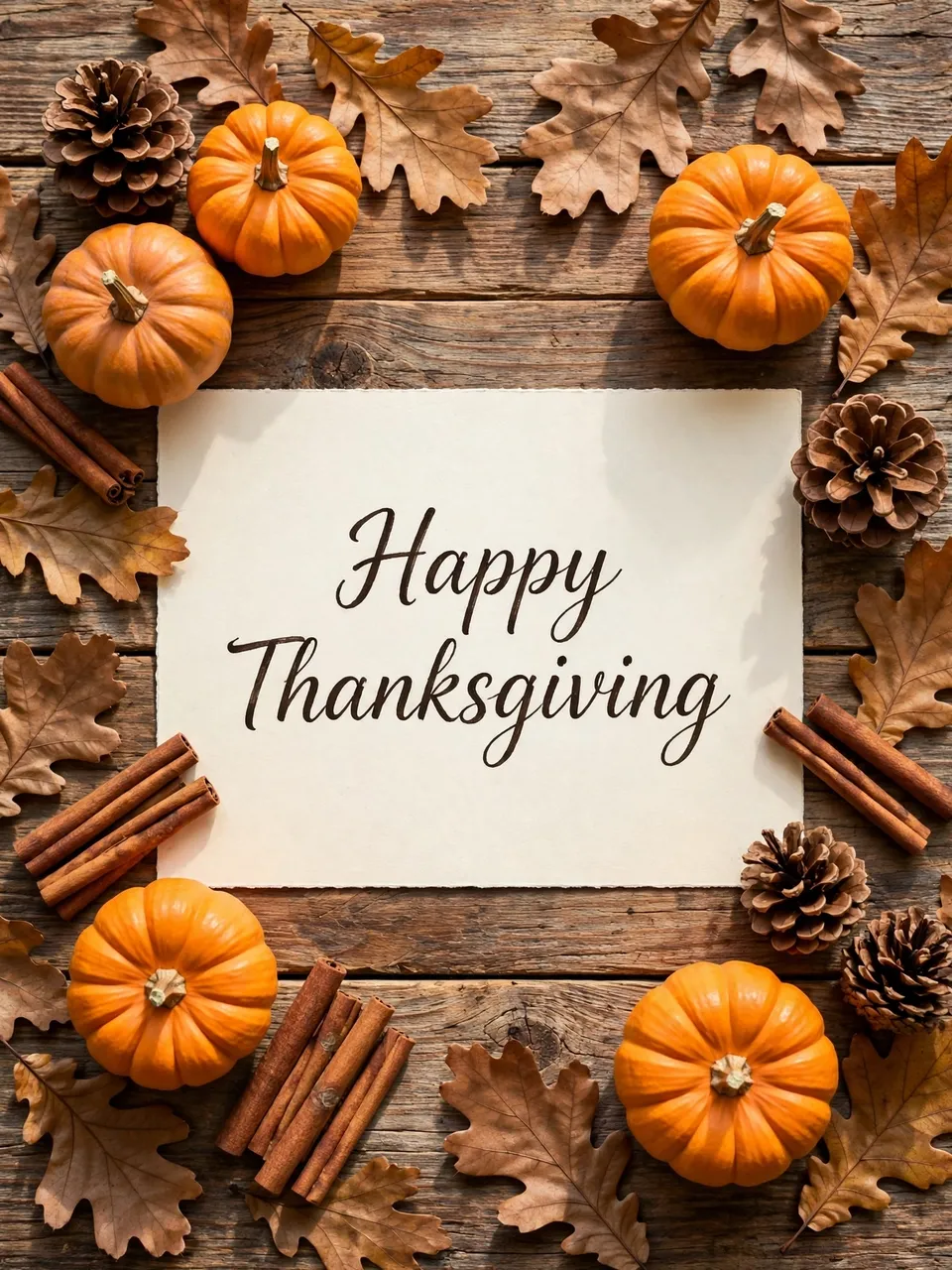 A flat lay arrangement of mini pumpkins, pinecones, cinnamon and oak leaves frames a card reading "Happy Thanksgiving" on