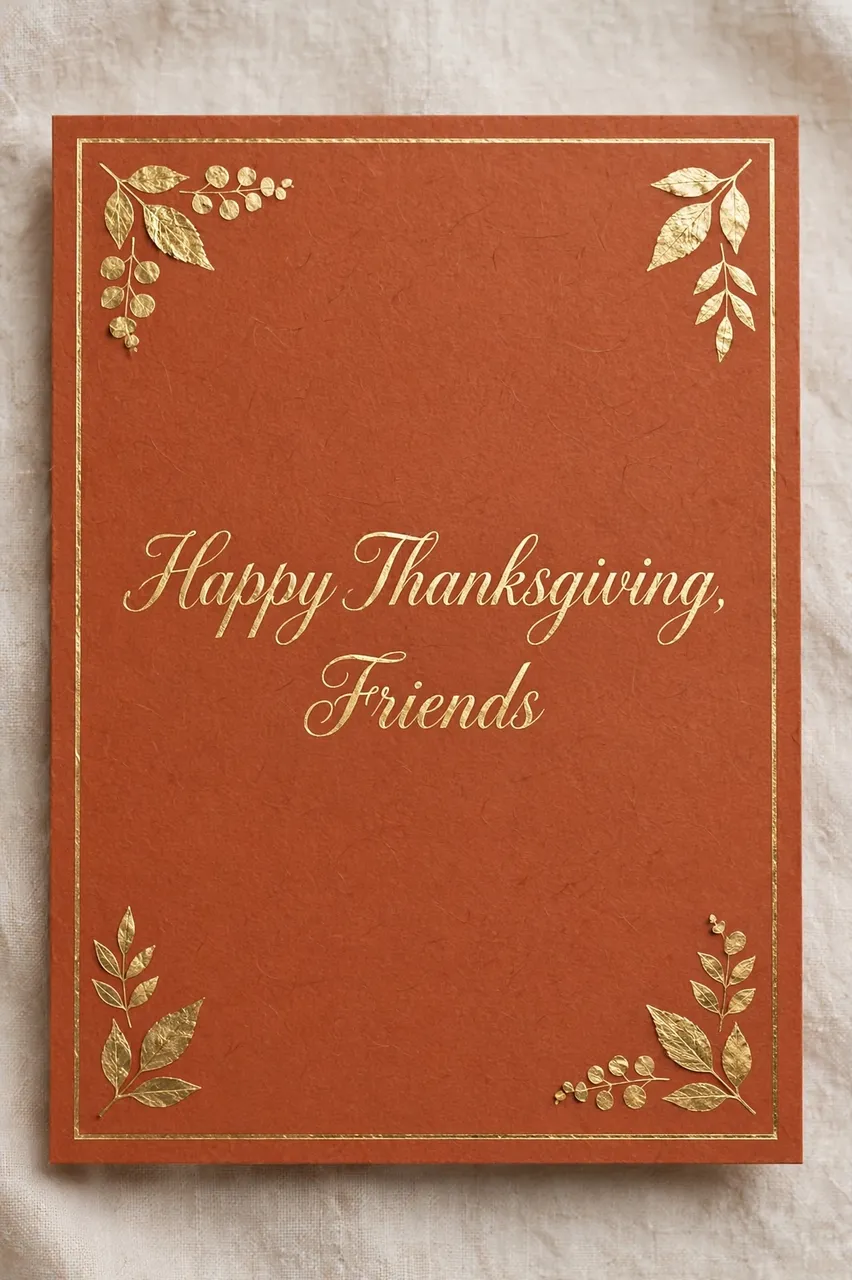 Terracotta card with gold foil script reading "Happy Thanksgiving, Friends", thin gold frame, and gold foil leaves in each