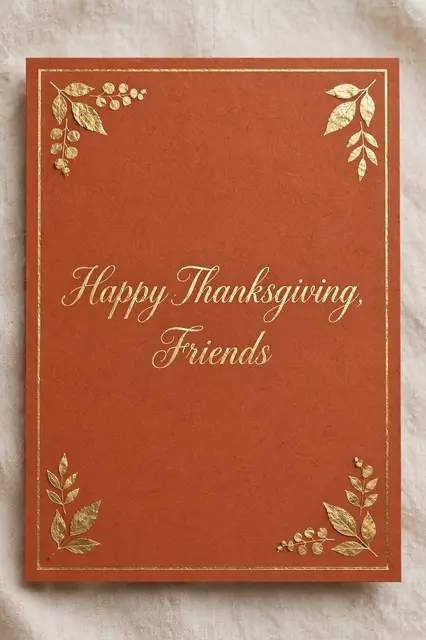 Terracotta card with gold foil script reading "Happy Thanksgiving, Friends", thin gold frame, and gold foil leaves in each