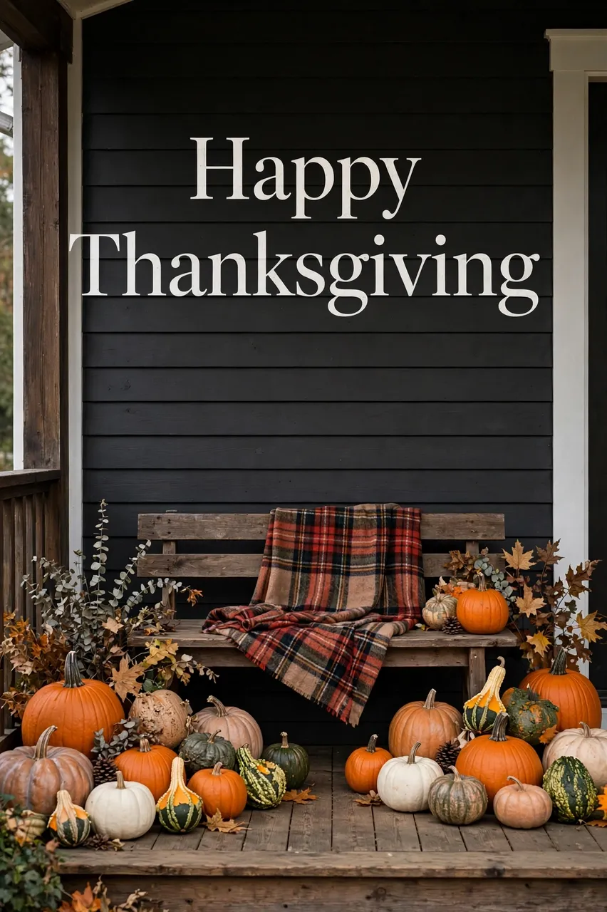 Dark farmhouse front porch decorated with pumpkins, gourds, a plaid blanket, and "Happy Thanksgiving" text above the bench