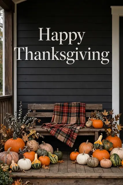 Dark farmhouse front porch decorated with pumpkins, gourds, a plaid blanket, and "Happy Thanksgiving" text above the bench