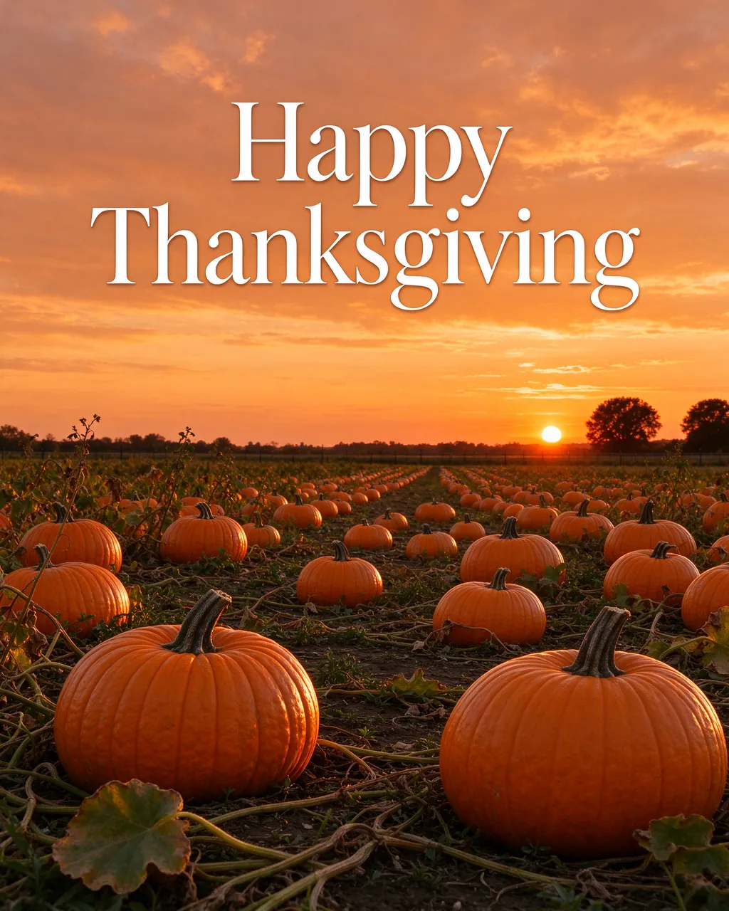 Warm golden sunset over a pumpkin field with white serif text reading "Happy Thanksgiving"