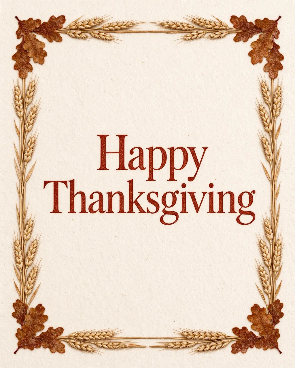 Letterpress "Happy Thanksgiving" text in rust ink on cream paper, framed by a wheat and oak leaf border
