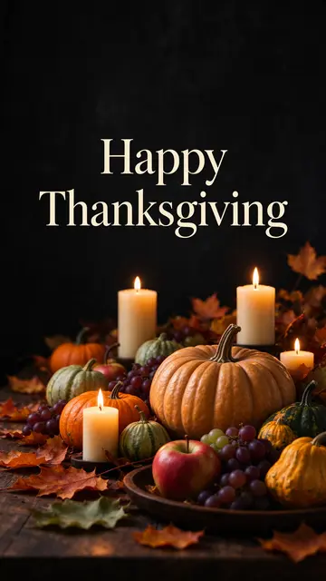 "Happy Thanksgiving" cream serif text above a rustic autumn harvest table with lit candles, pumpkins and fall leaves