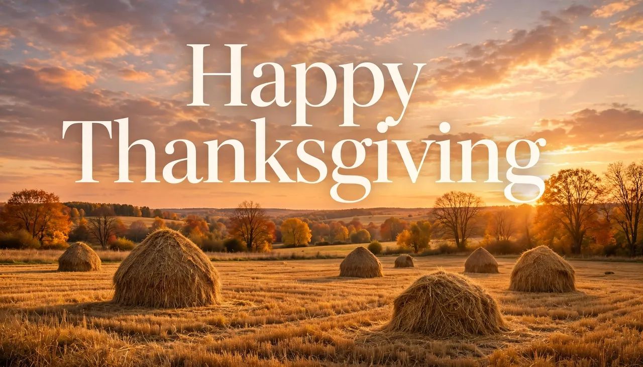 "Happy Thanksgiving" text over a golden autumn hay field at warm sunset