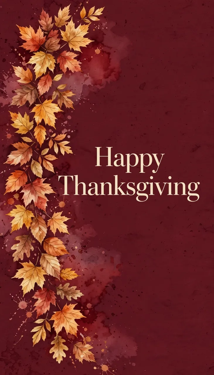 "Happy Thanksgiving" cream serif text with a watercolor autumn leaf cascade on a rich burgundy vertical wallpaper background
