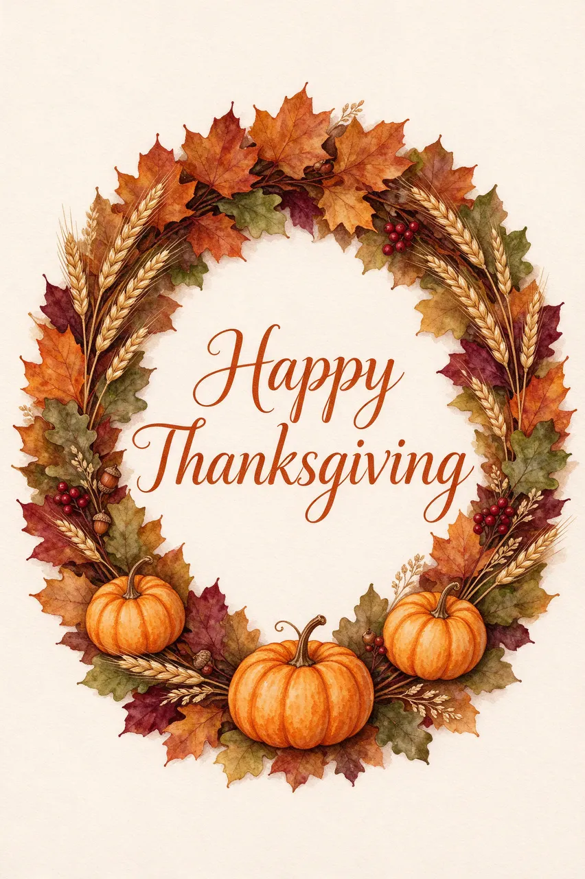 Watercolor autumn wreath of leaves, wheat and small pumpkins frames "Happy Thanksgiving" rust script lettering on cream paper