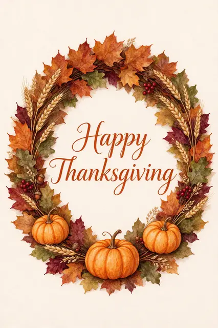 Watercolor autumn wreath of leaves, wheat and small pumpkins frames "Happy Thanksgiving" rust script lettering on cream paper