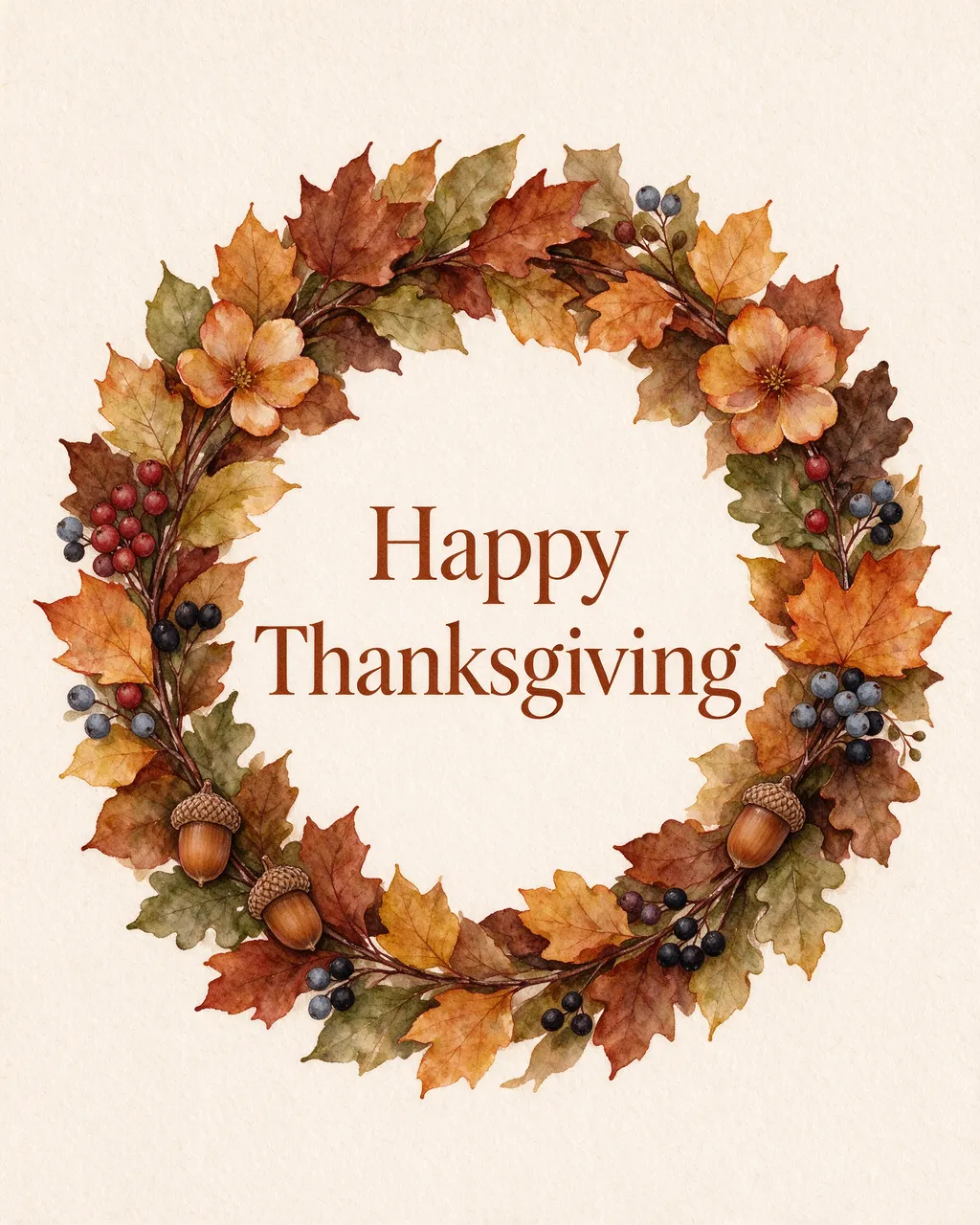 Watercolor autumn wreath of leaves, acorns and berries frames the text "Happy Thanksgiving" on cream textured paper